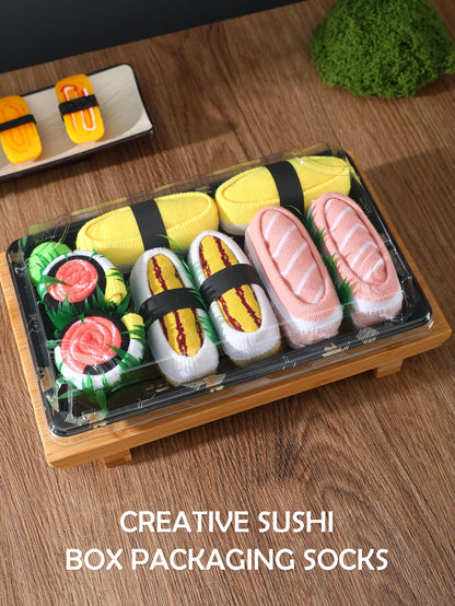 4pair of mid-calf unisex socks in a salmon sushi design, a novel and creative practical gift that is fun for the holidays.