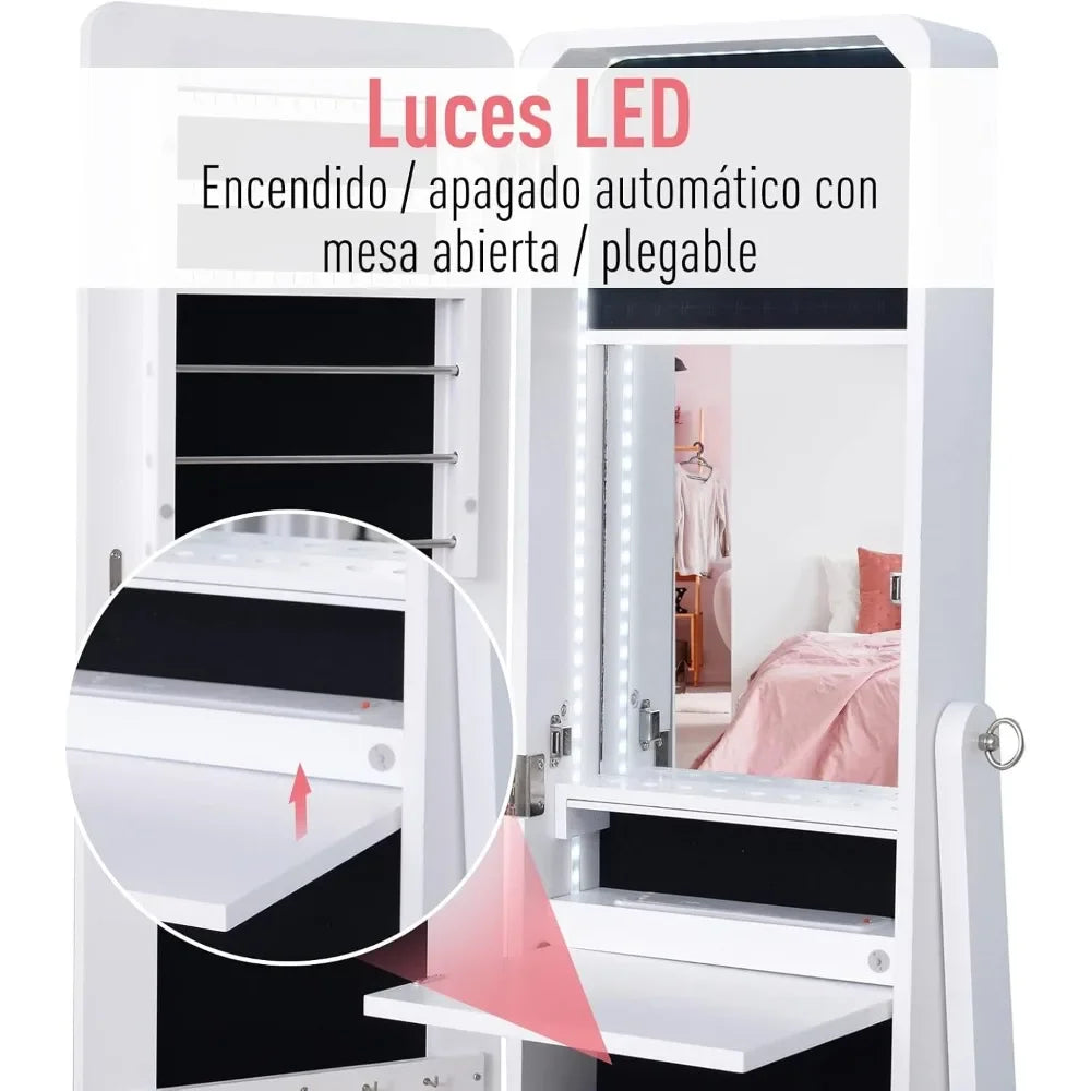 Freestanding Jewelry Cabinet with Mirror, LED Light, Tiltable Jewelry Storage, 30x36x146 Cm
