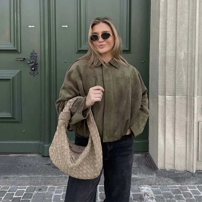 Damesbomberjacks Jassen Mode Turn-down kraag Lange mouwen Losse jassen Vintage vrouwelijke bovenkleding Chique tops