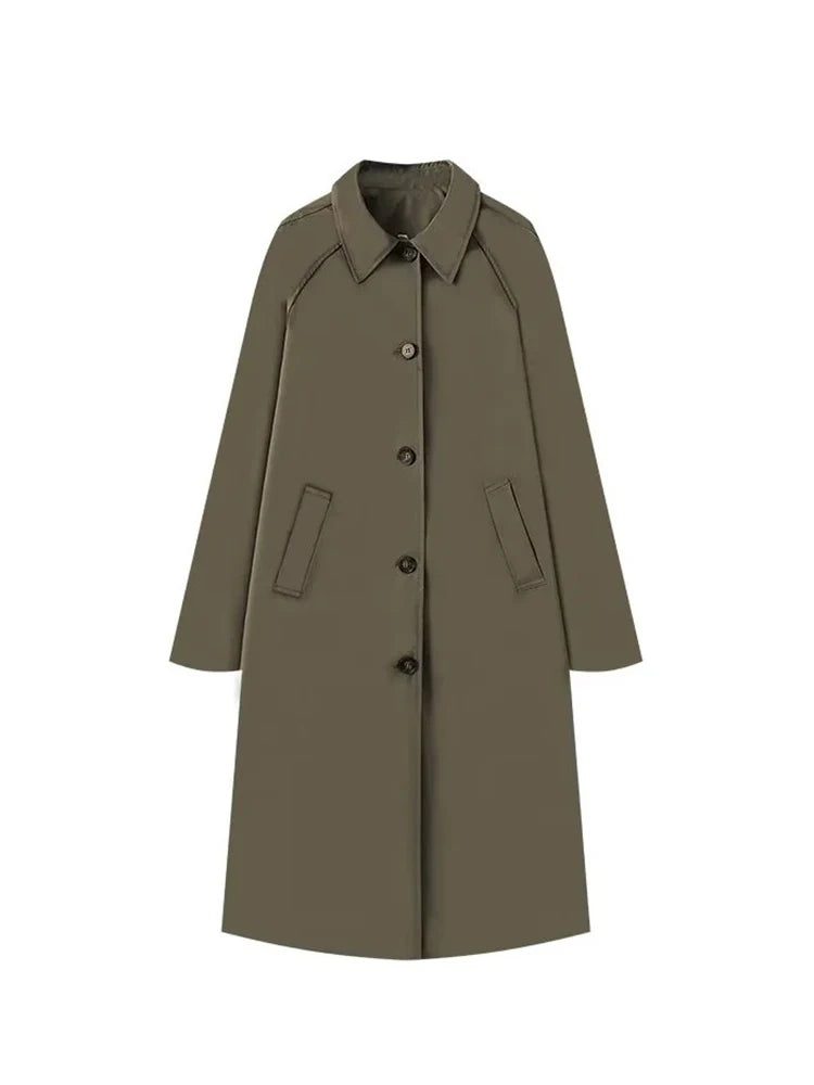 Vrouwen Mode Lange Trench Coat Herfst en Winter Kapel Lange Mouw Single-Breasted Jas Los Puur Kleur Eenvoudige Straatjas