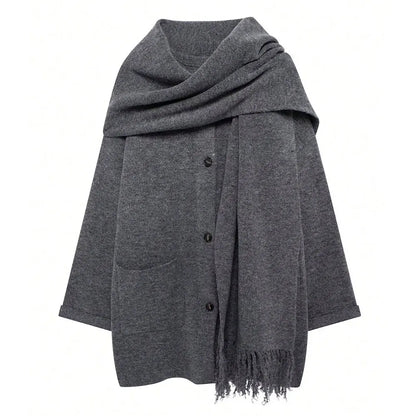 QUOTED Vrouwen Elegante Mode Gebreid Vest Jassen Met Sjaal Single Breasted Lange Mouw Jassen High Street Lady Chic Bovenkleding