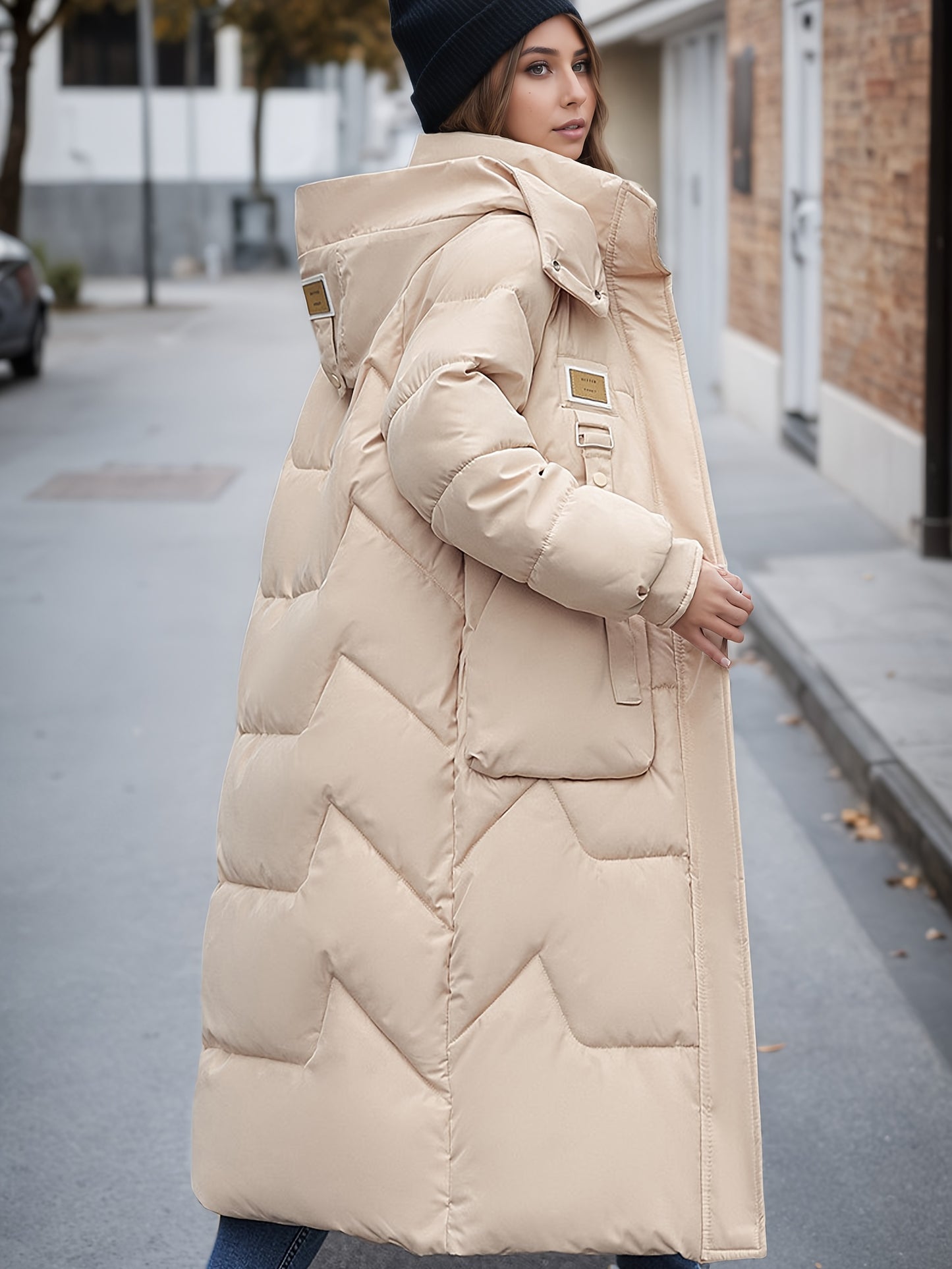 Women's Elegant Winter Thickened Padded Coat - Long Full-Length Warm Jacket with Zipper Closure, Solid Color (//Navy/Burgundy/), Machine Washable Outer Outerwear