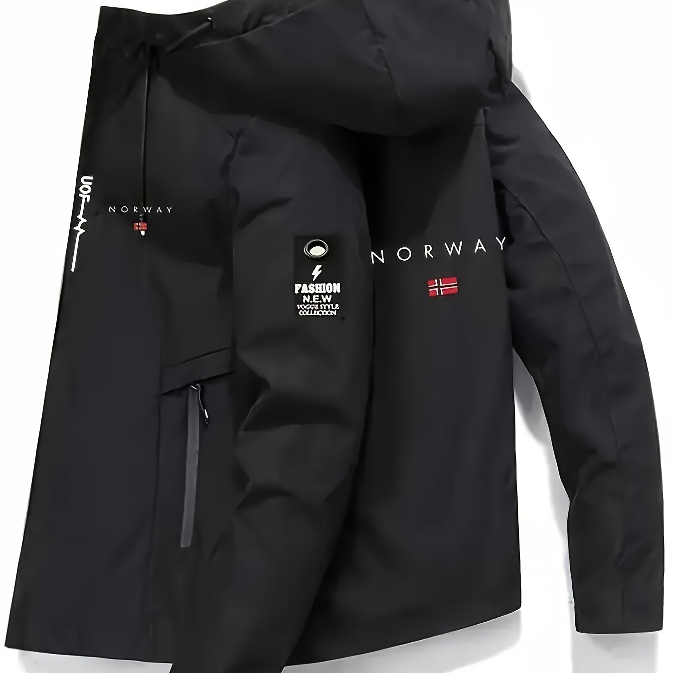 Men'S Windproof Jacket - Black with White "NORWAY" Print, Breathable & Comfortable for Outdoor Sports, Cycling, and Casual Wear, Windbreaker Jacket