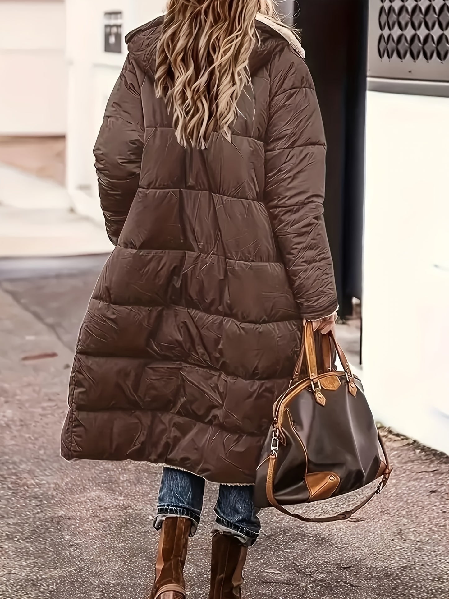 Elegant Long Padded Jacket Coat with Fleece Lining, Polyester, Solid Color, Knee-Length, Regular Long Sleeve, Zipper Detail - Winter Warmth Outerwear