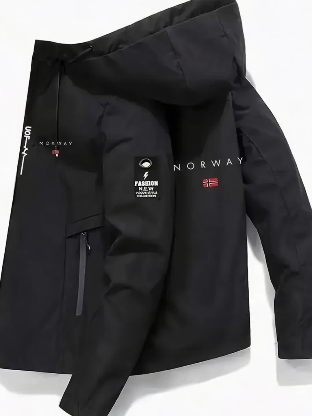 Men'S Windproof Jacket - Black with White "NORWAY" Print, Breathable & Comfortable for Outdoor Sports, Cycling, and Casual Wear, Windbreaker Jacket