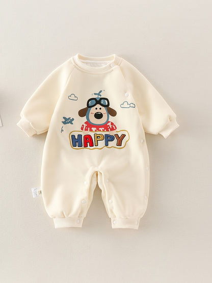 MCDULL SISTER Baby Girl'S Autumn Double-Layer Outfit - Cute Cartoon Bear & Airplane Design, Warm Long Sleeve Romper with Pockets, Loose Fit Spring/Fall Clothing, Soft Fabric, Perfect for Outdoor Play, Baby Girl Clothes, Perfect for Outdoor, J