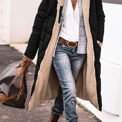 Elegant Long Padded Jacket Coat with Fleece Lining, Polyester, Solid Color, Knee-Length, Regular Long Sleeve, Zipper Detail - Winter Warmth Outerwear