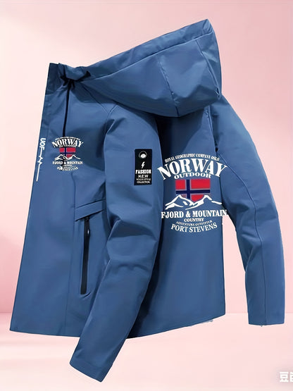 Men'S Windproof Jacket - Black with White "NORWAY" Print, Breathable & Comfortable for Outdoor Sports, Cycling, and Casual Wear, Windbreaker Jacket