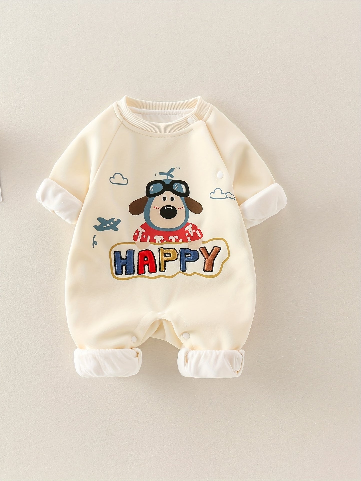 MCDULL SISTER Baby Girl'S Autumn Double-Layer Outfit - Cute Cartoon Bear & Airplane Design, Warm Long Sleeve Romper with Pockets, Loose Fit Spring/Fall Clothing, Soft Fabric, Perfect for Outdoor Play, Baby Girl Clothes, Perfect for Outdoor, J